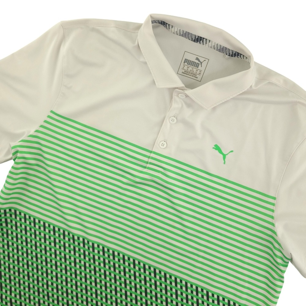 Puma Polo Shirt Youth XL 13-14Y White Green Stripe Golf Performance Stretch Top